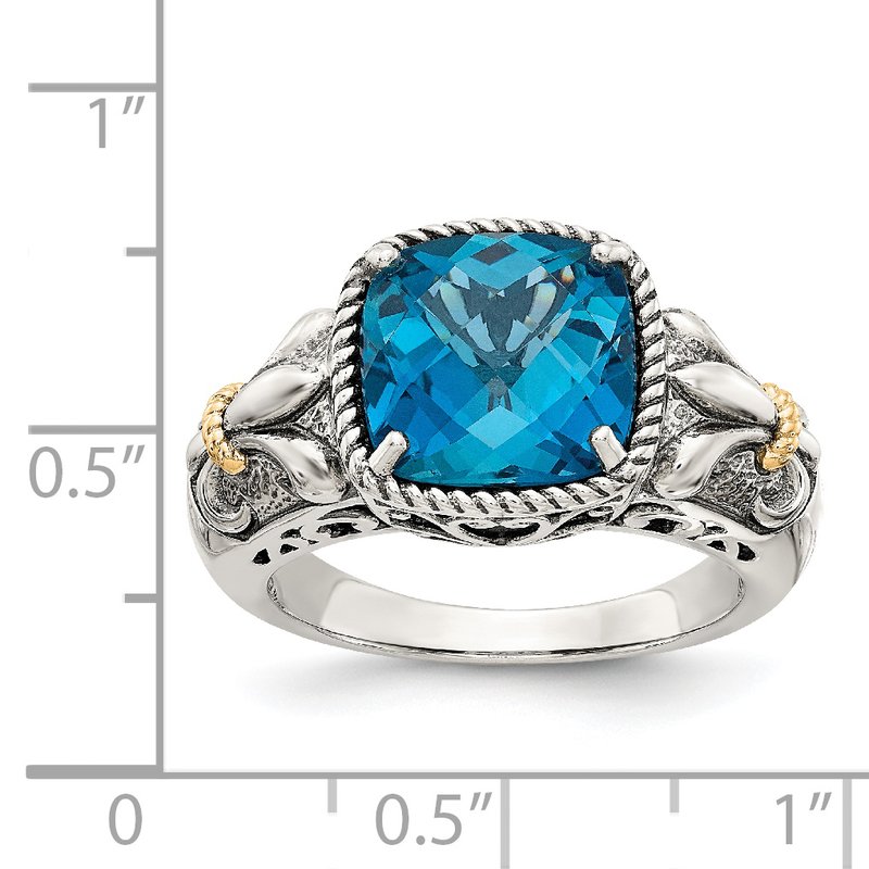 Sterling Silver with 14K Accent Antiqued Checkerboard Cushion London Blue Topaz Ring