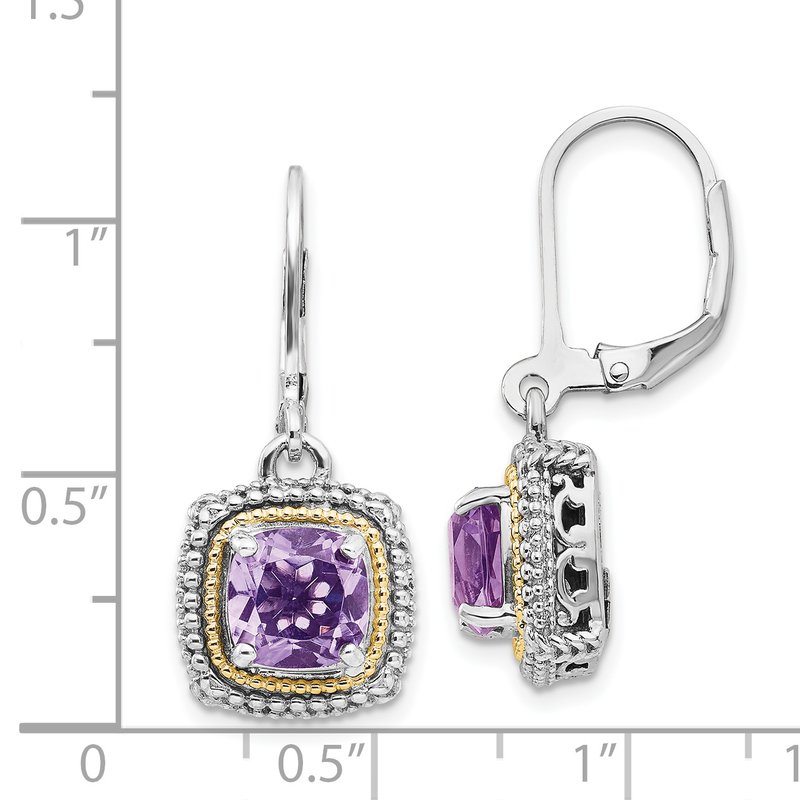 Sterling Silver with 14K Accent Antiqued Cushion Amethyst Leverback Earrings