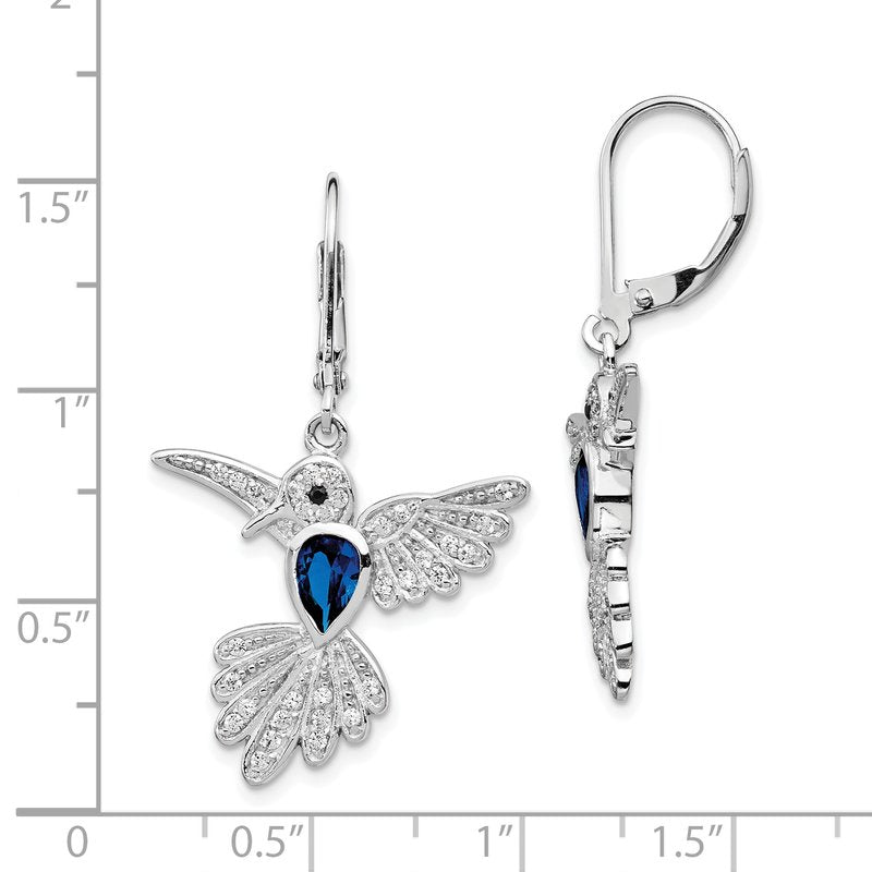 Sterling Silver Rhodium-plated Brilliant-cut Lab Created Dark Blue Spinel and Brilliant-cut White CZ Hummingbird Leverback Dangle Earrings