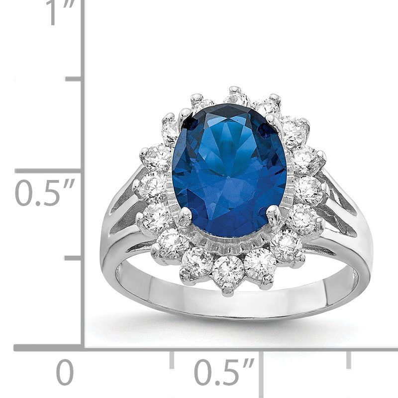 Sterling Silver Rhodium-plated Brilliant-cut Lab Created Dark Blue Spinel and Brilliant-cut White CZ Oval Halo Ring