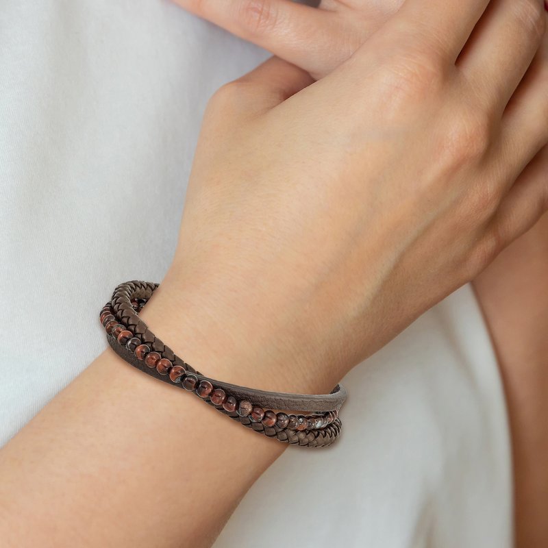 Stainless Steel Polished Multi Strand Tiger's Eye Beaded Brown Leather 8.25 inch Bracelet