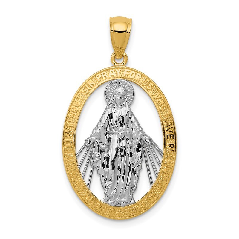 14K and White Rhodium Polished Cut-out Miraculous Medal Oval Pendant
