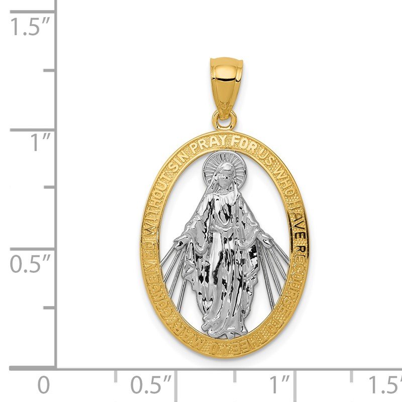 14K and White Rhodium Polished Cut-out Miraculous Medal Oval Pendant