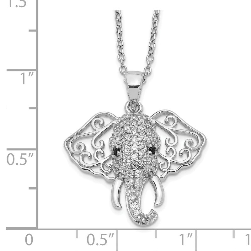 Sterling Silver Rhodium-plated Brilliant-cut Black and White CZ Filigree Elephant 18 Inch Necklace