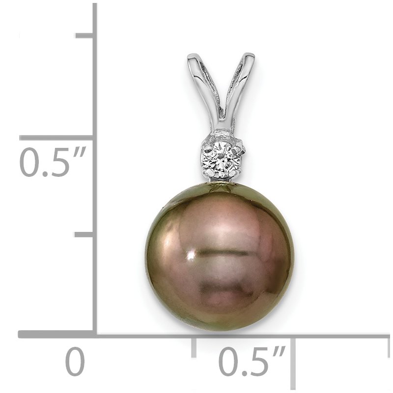 14k White Gold 9-10mm Black Round Tahitian Saltwater Cultured Pearl and .05 Carat Diamond Pendant