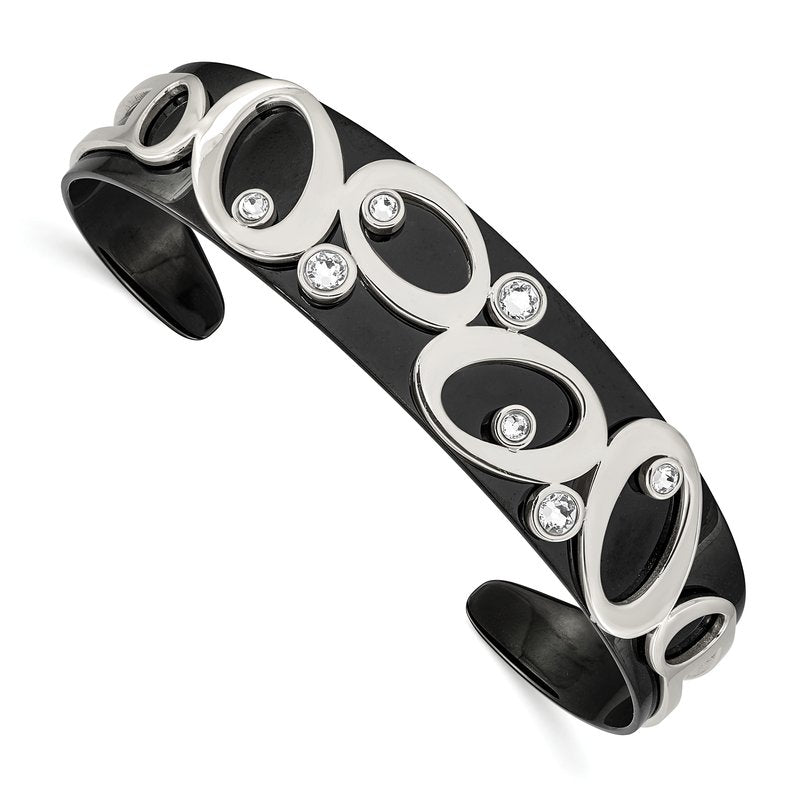 Stainless Steel Polished Black IP-plated with Crystals Cuff Bangle