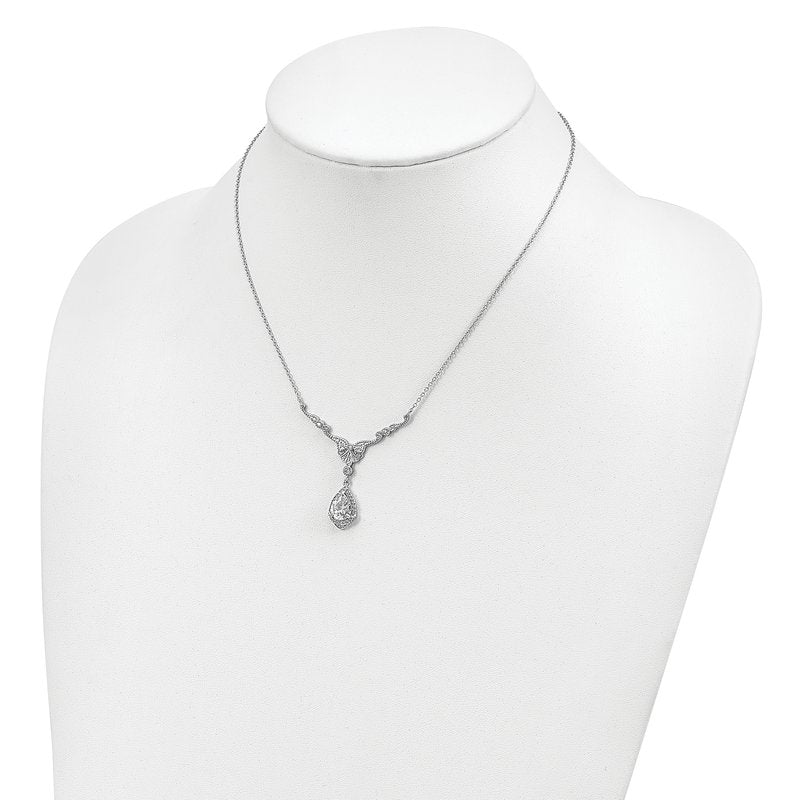 Sterling Silver Rhodium-plated Fancy Brilliant-cut CZ Teardrop Dangle 16 Inch Necklace with 2.25 Inch Extender