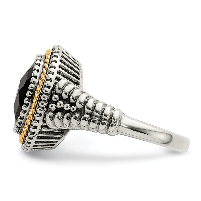 Sterling Silver with 14K Accent Antiqued Checkerboard-cut Black Onyx Ring