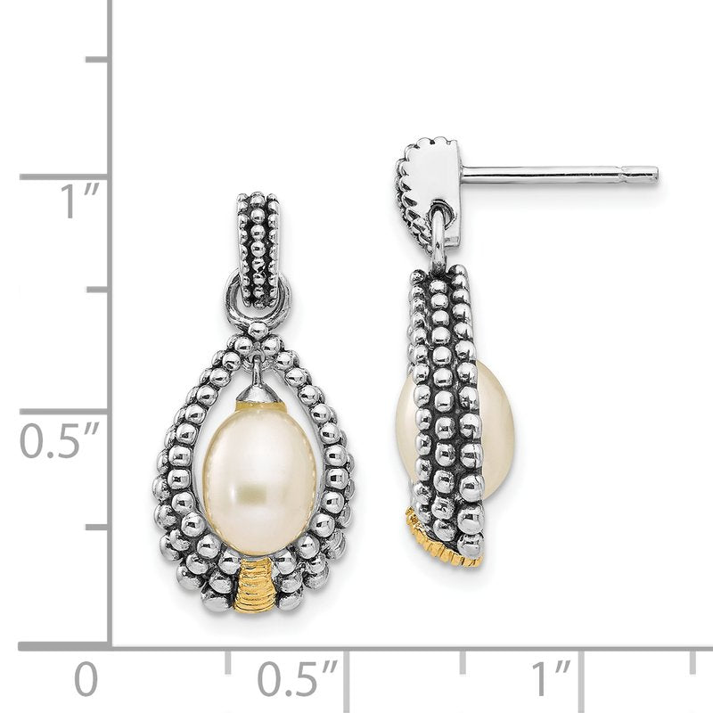 Sterling Silver with 14K Accent Antiqued 7x5mm Freshwater Cultured Pearl Post Drop Earrings