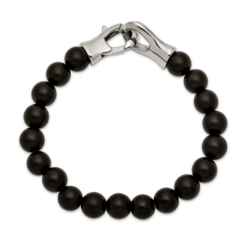 Stainless Steel Polished Black Agate Beaded 9 inch Bracelet