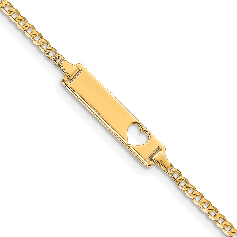 14k Polished Solid Chain/Solid Plate Curb Link Cut-out Heart 20x5mm Plate 7 inch ID Bracelet
