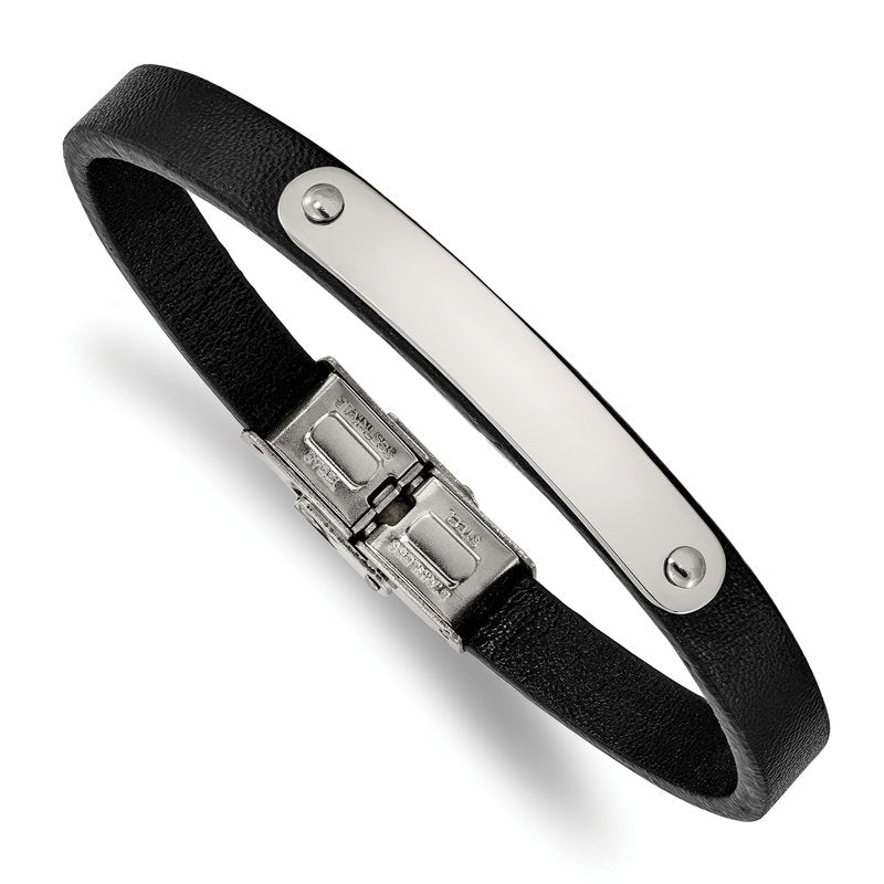 Stainless Steel Polished Black Leather 8.5 inch ID Bracelet