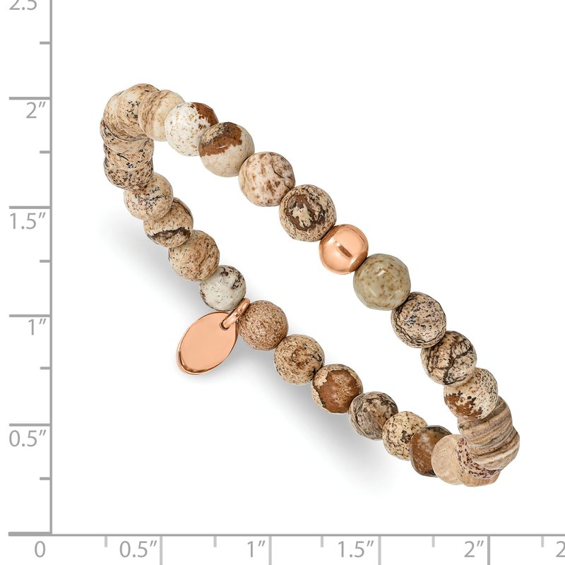 Stainless Steel Polished Rose IP-plated 6mm Brown Jasper Beaded Stretch Bracelet