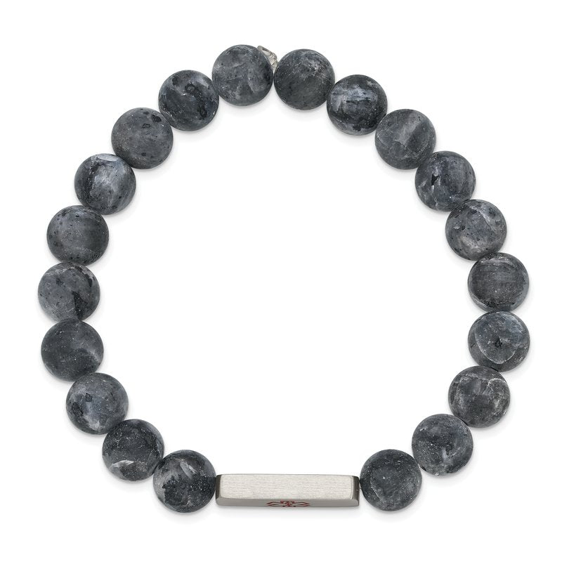 Stainless Steel Brushed with Red Enamel Medical ID 8.5mm Labradorite Beaded Stretch Bracelet