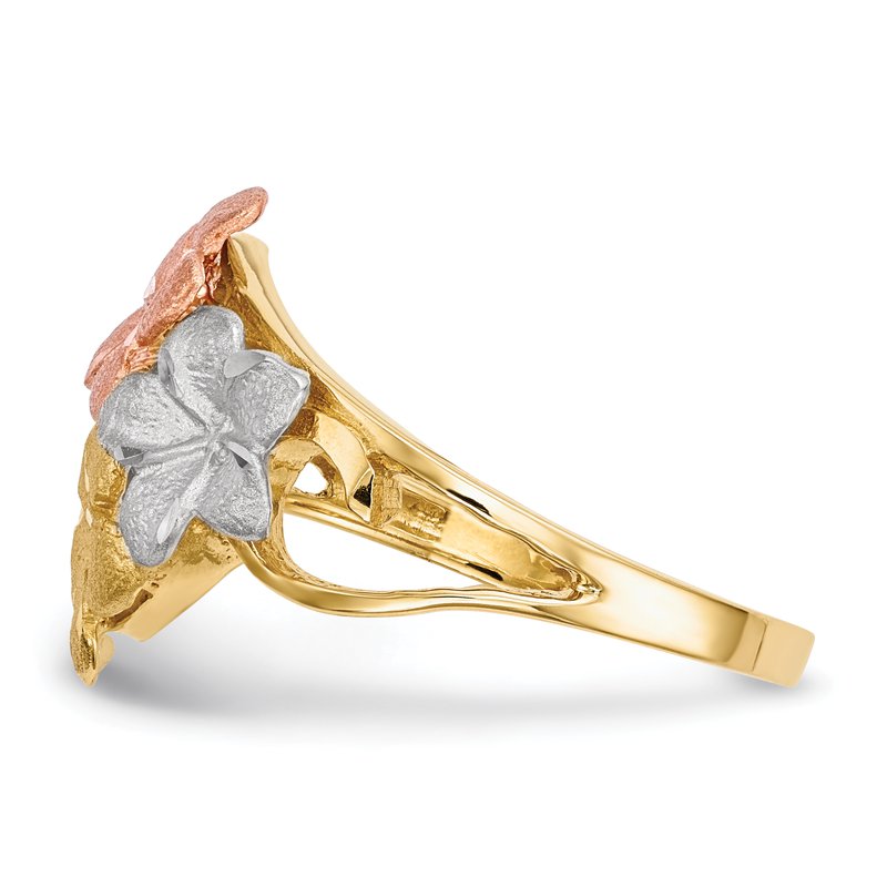 14k Two-tone w/White Rhodium Polished &amp; Satin D/C 4-Plumeria Ring