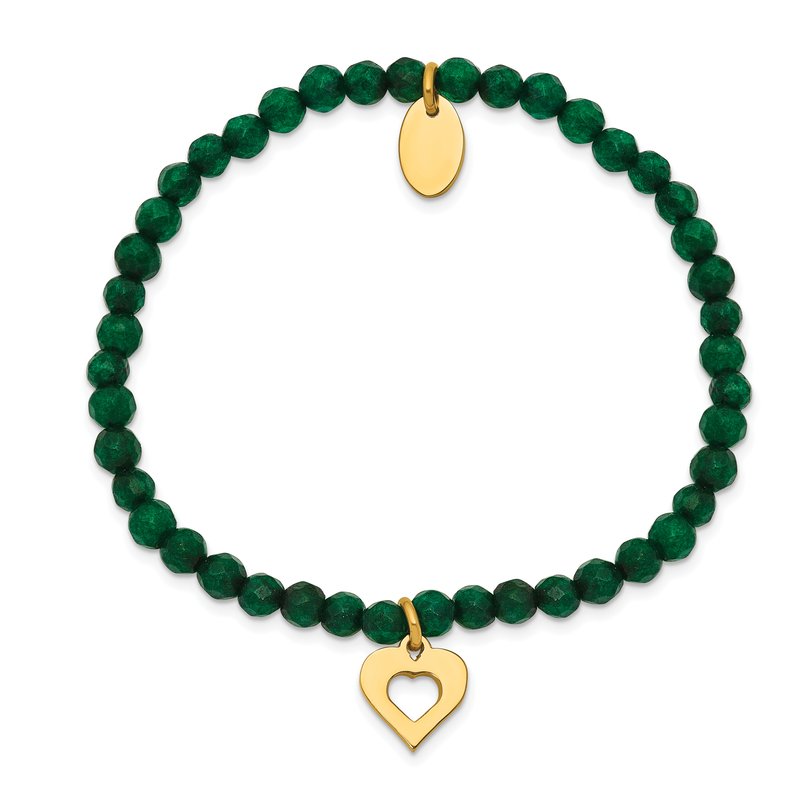 Stainless Steel Polished Yellow IP-plated Heart 4mm Green Jade Beaded Stretch Bracelet