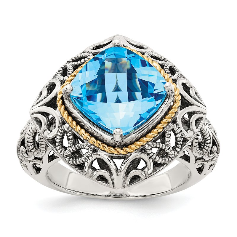 Sterling Silver with 14K Accent Antiqued Cushion Blue Topaz Ring