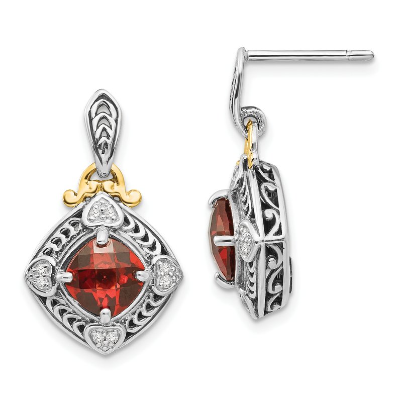 Sterling Silver with 14K Accent Antiqued Diamond and Cushion Garnet Post Dangle Earrings