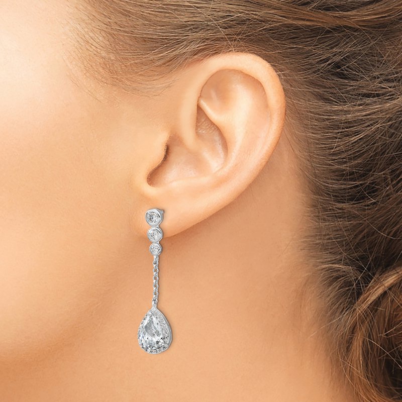 Sterling Silver Rhodium-plated Brilliant-cut CZ Bezel &amp; Teardrop Halo Post Dangle Earrings