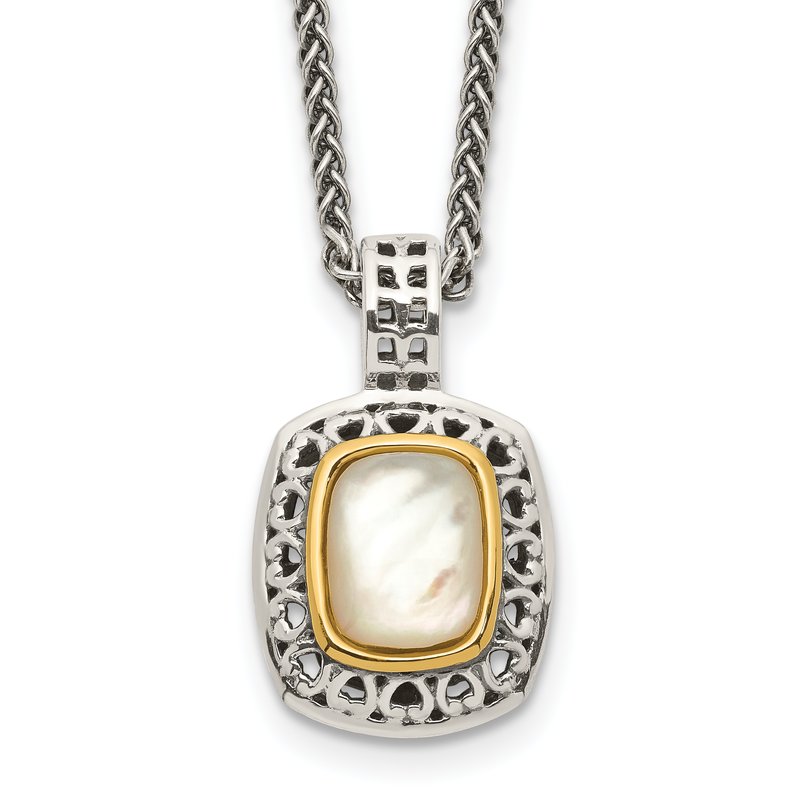 Sterling Silver with 14K Accent 18 Inch Antiqued Mother Of Pearl Necklace
