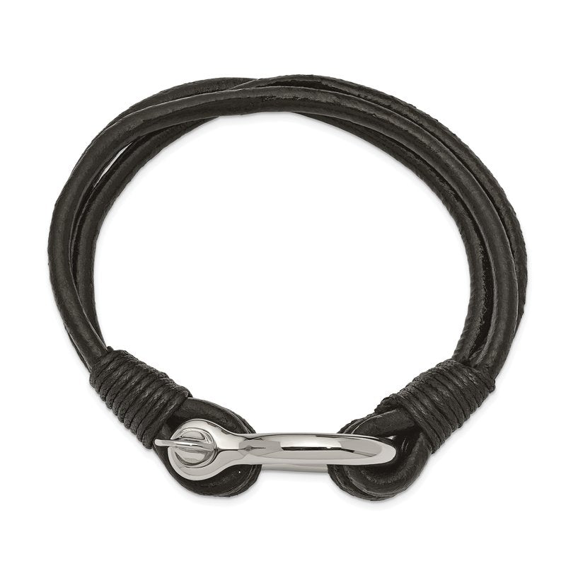 Stainless Steel Polished Shackle Multi Strand Black Leather 8.5 inch Bracelet