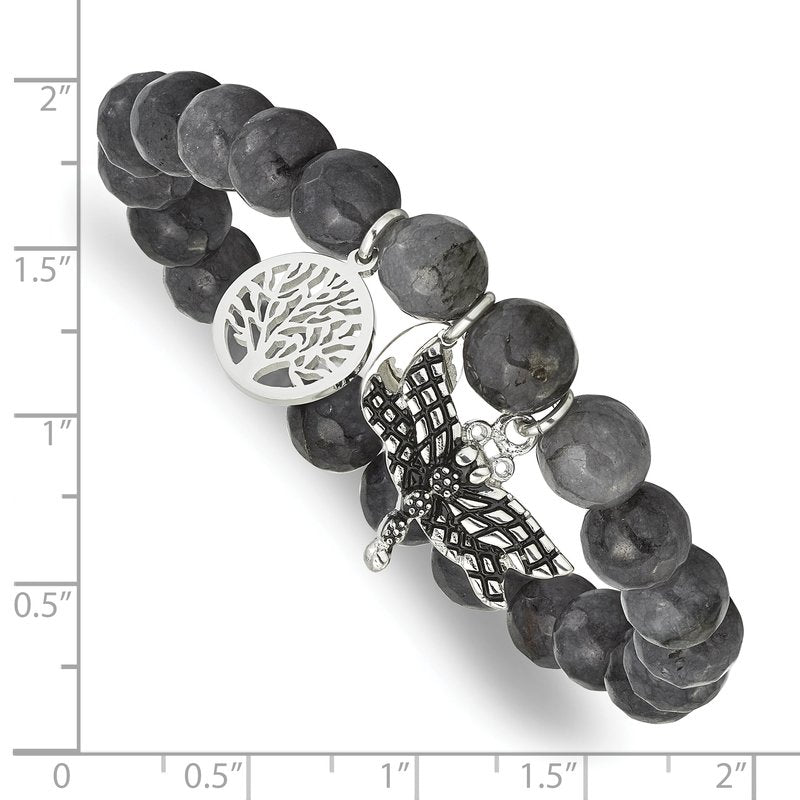 Stainless Steel Antiqued and Polished Dragonfly and Tree of Life 8mm Grey Dyed Jade Beaded Stretch Bracelet