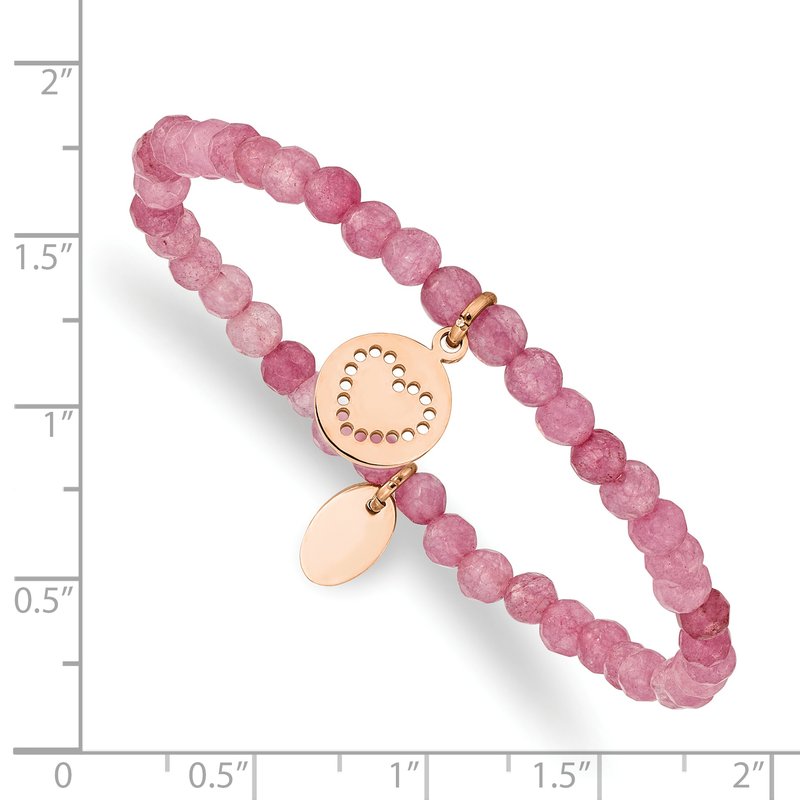 Stainless Steel Polished Rose IP-plated Heart 4mm Pink Jade Beaded Stretch Bracelet