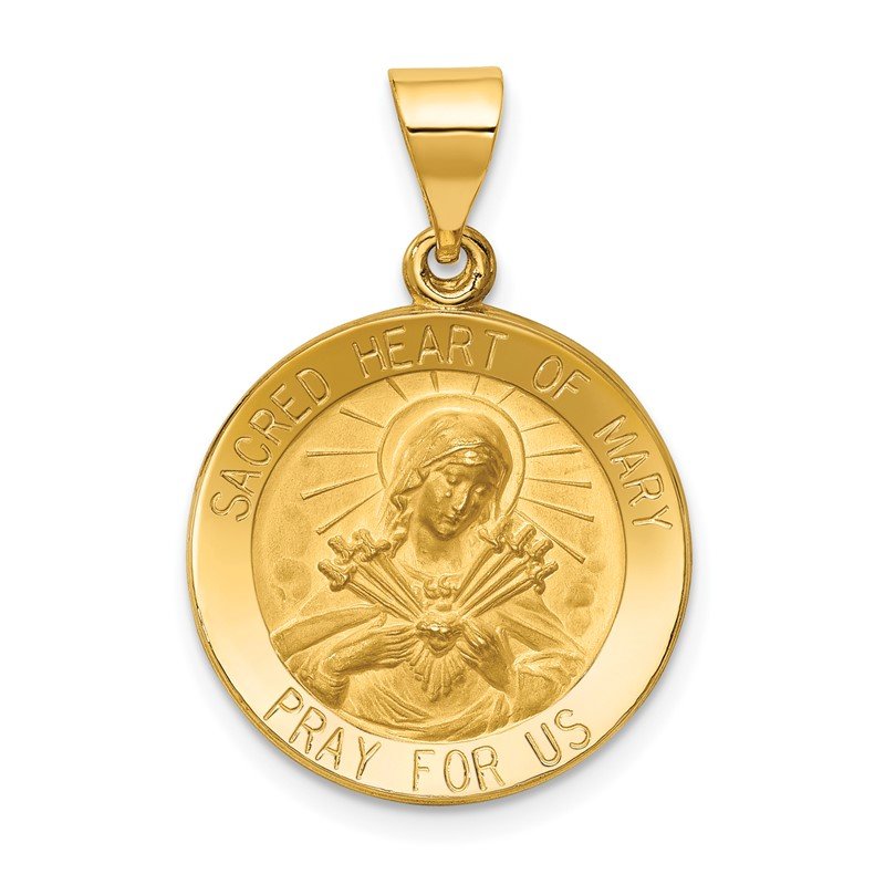 14k Polished and Satin Hollow Sacred Heart of Mary Medal Round Pendant