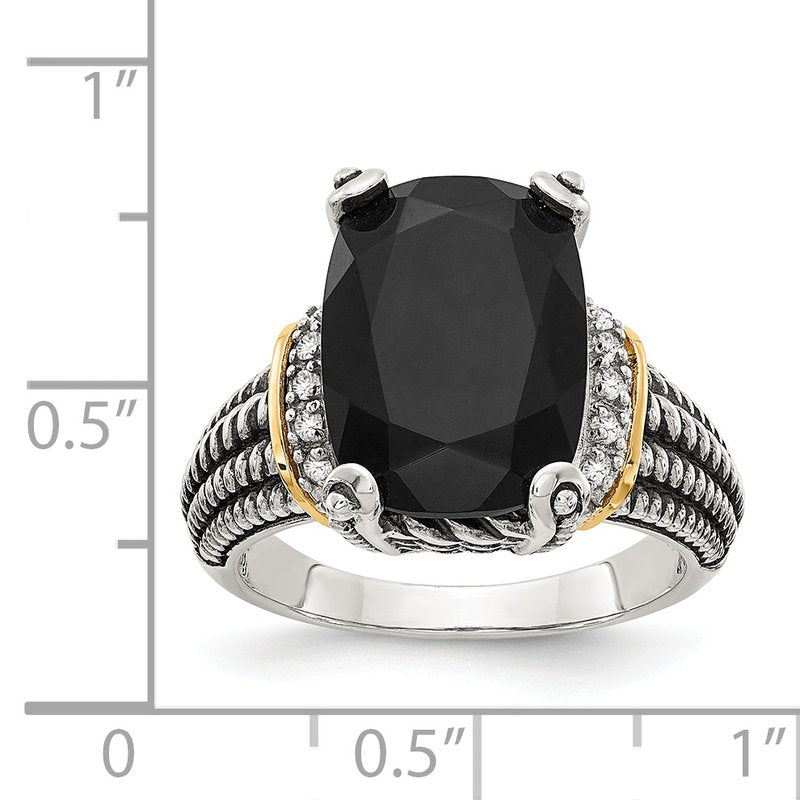 Sterling Silver with 14K Accent Antiqued Black Onyx and White Diamond Ring