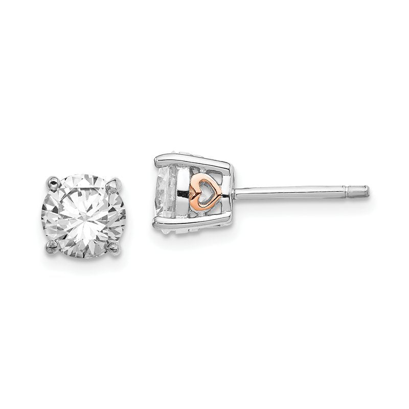 Sterling Silver Rhodium-plated and Rose Gold-plated Accent Heart Brilliant-cut CZ Stud Post Earrings
