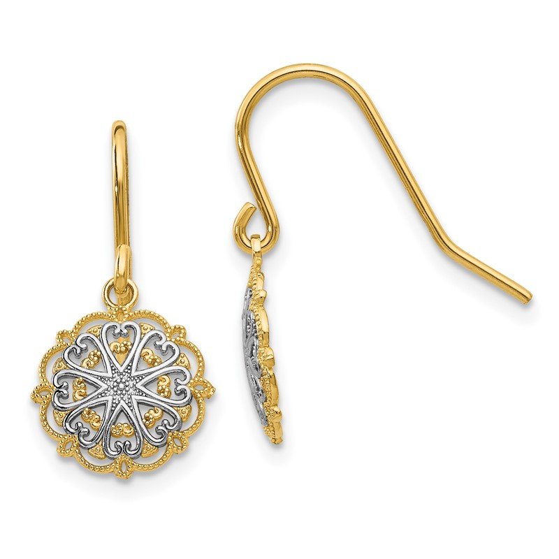 14k &amp; Rhodium Polished and Textured Dangle Earrings