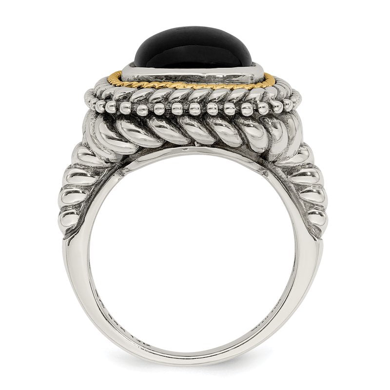 Sterling Silver with 14K Accent Antiqued Cabochon Black Onyx Ring