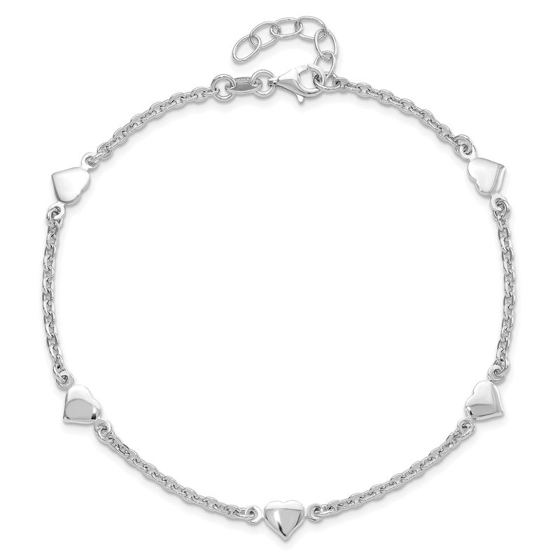 Sterling Silver Rhodium-plated Polished Heart 5-Station 9 inch with 1 inch extender - Total 10 inch Anklet
