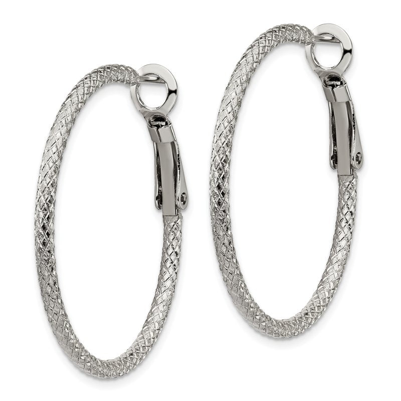 Stainless Steel Polished and Textured 2mm Omega Back Hoop Earrings