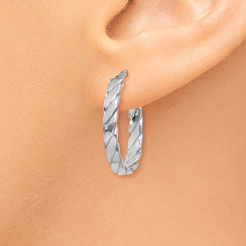 14K White Gold Large 3mm Patterned Oval Hoop Earrings