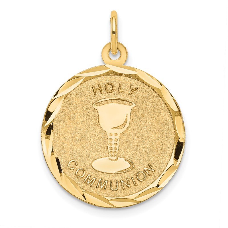 14k Polished and Satin Solid HOLY COMMUNION Diamond-cut Edge Round Disc Pendant