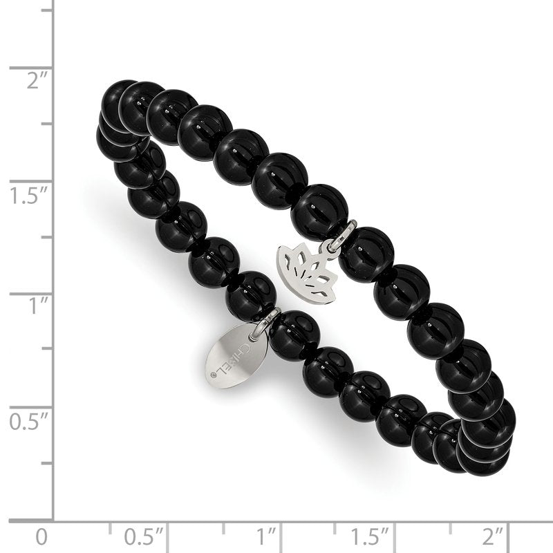Stainless Steel Polished Lotus 6mm Black Agate Beaded Stretch Bracelet