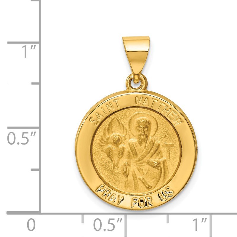 14k Polished and Satin Hollow St Matthew Medal Round Pendant