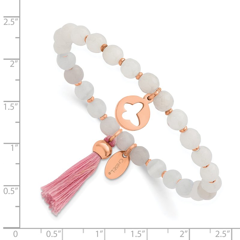 Stainless Steel Polished Rose IP-plated Butterfly 6mm Pink Agate Beaded Stretch Bracelet with Tassel