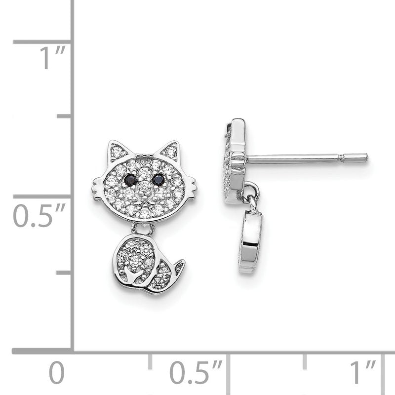 Sterling Silver Rhodium-plated Moveable Brilliant-cut Black and White CZ Cat Post Dangle Earrings
