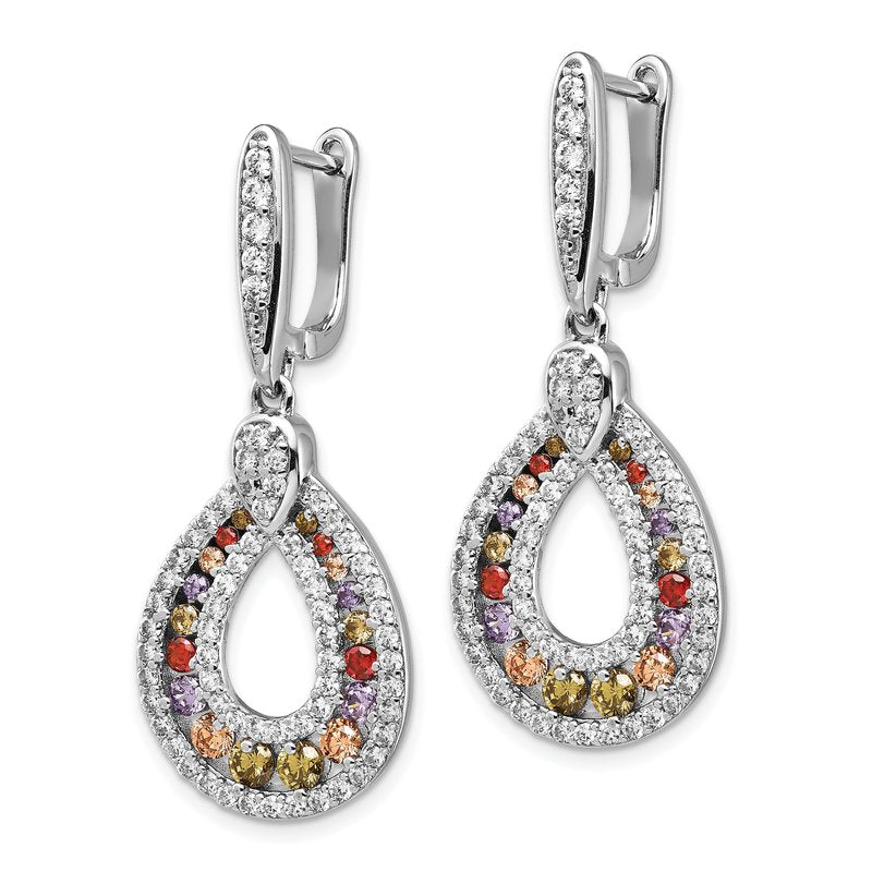 Sterling Silver Rhodium-plated Multi-color Brilliant-cut CZ Teardrop Hinged Post Dangle Earrings