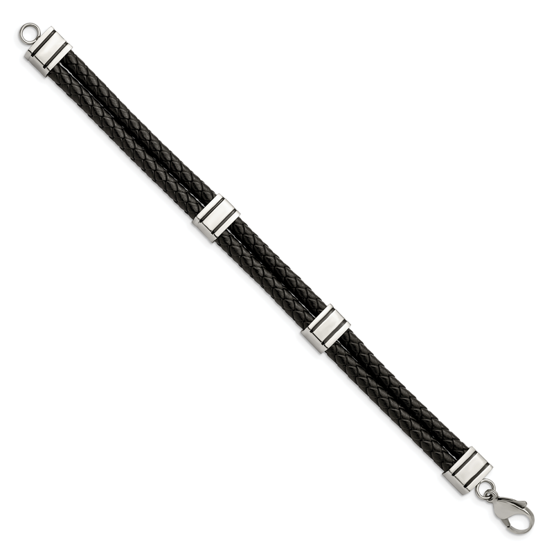 Stainless Steel Polished Braided 2 Strand Black Braided Leather 9 inch Bracelet