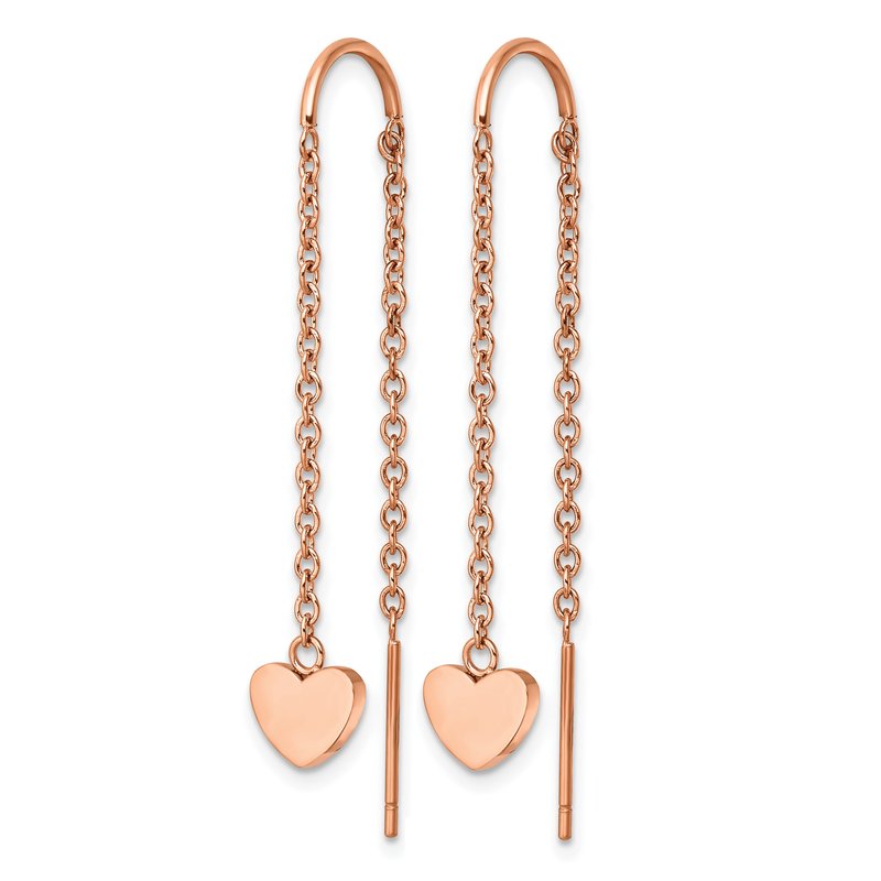 Stainless Steel Polished Rose IP-plated Threader Heart Dangle Earrings