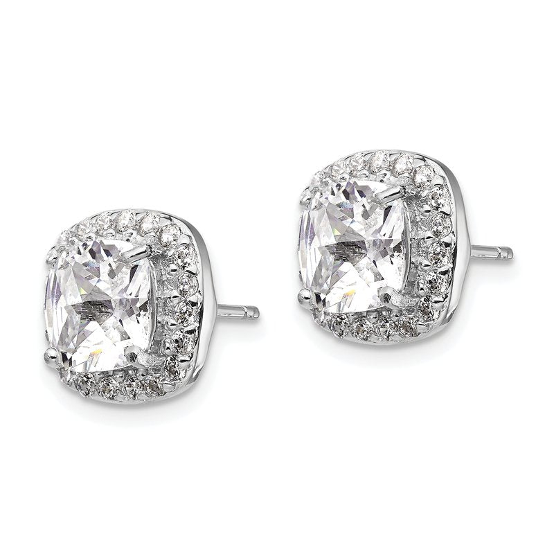 Sterling Silver Rhodium-plated Rose-cut and Brilliant-cut CZ Square Halo Post Earrings