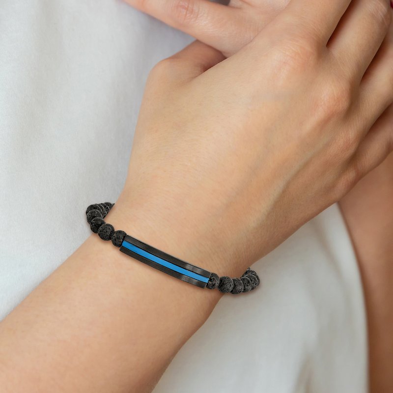 Stainless Steel Brushed and Polished Black and Blue IP-plated with 6mm Lava Stone Beaded Stretch Bracelet