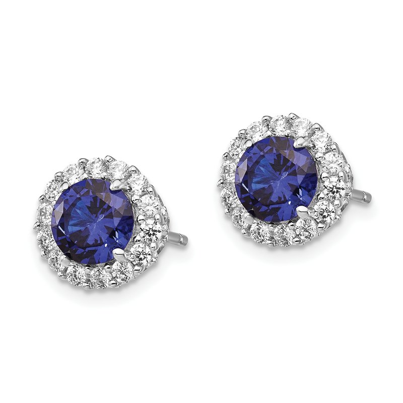 Sterling Silver Rhodium-plated Brilliant-cut Lab Created Dark Blue Spinel and Brilliant-cut White CZ Round Halo Post Earrings