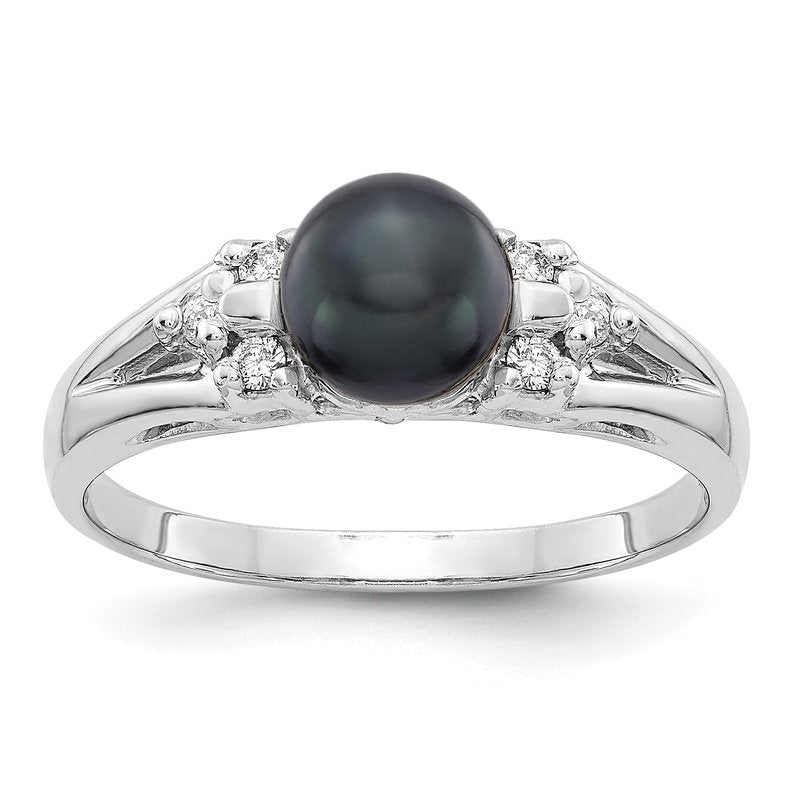 14k White Gold 6mm Black FW Cultured Pearl AAA Diamond ring