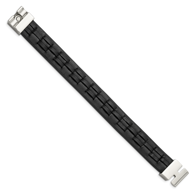 Stainless Steel Polished Black Leather 8 inch Bracelet