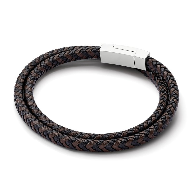 Stainless Steel Polished Black and Brown Braided Leather 15.75 inch Wrap Bracelet