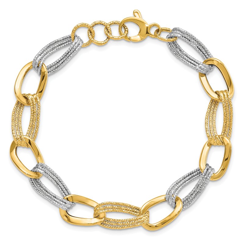 14k Two Tone Polished and Textured 9mm Fancy Link 8 inch Bracelet